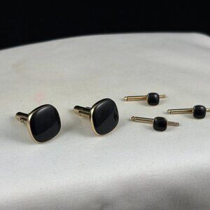 Vintage Swank Black Onyx Cufflinks Set with 3 Shirt Studs Gold Tone Tuxedo